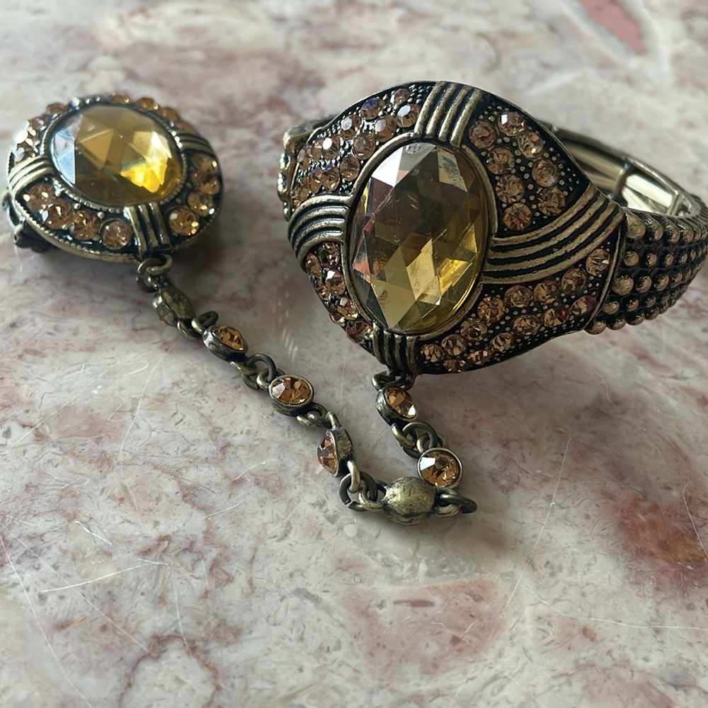 EUC Vintage Elegant Yellow & Brown Ring Cuff Bracelet W/Large Yellow Gemstones - Picture 12 of 13